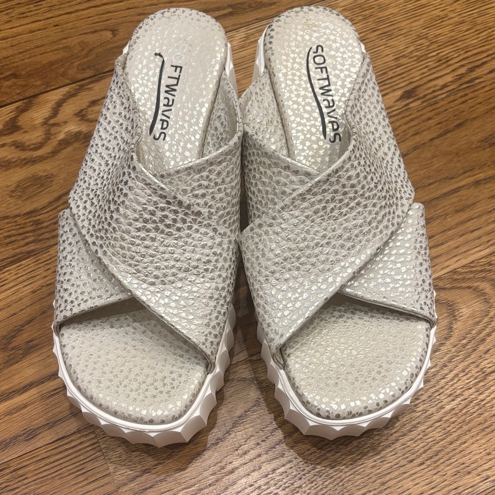 Softwaves Silver Cross-Strap Wedge Mules